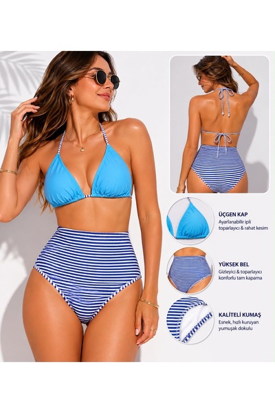 TEMSSHOP Premium Lacivert Çizgili Toplarlayıcı Yüksek Bel Bikini Takımı Çıkar...