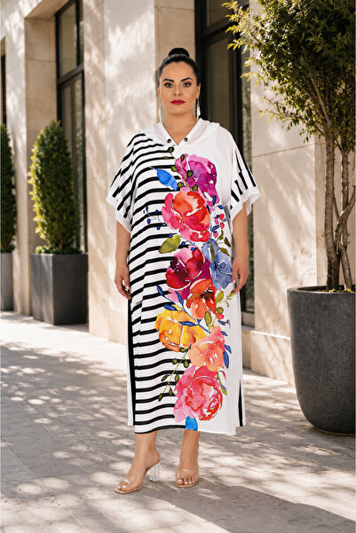 CNG Plus Size Striped Butterfly Patterned Hooded Midi Length Relaxed Fit Wome...