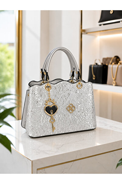 MOLDİVA Silvery Patterned Evening Dress Bag, Wedding Bag, Small Compartmented...