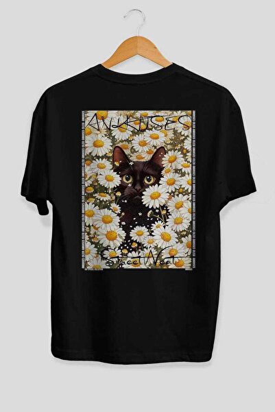 Ankhises 121 Cats for Cat Lovers Printed Black Oversize T-Shirt 100% Cotton U...
