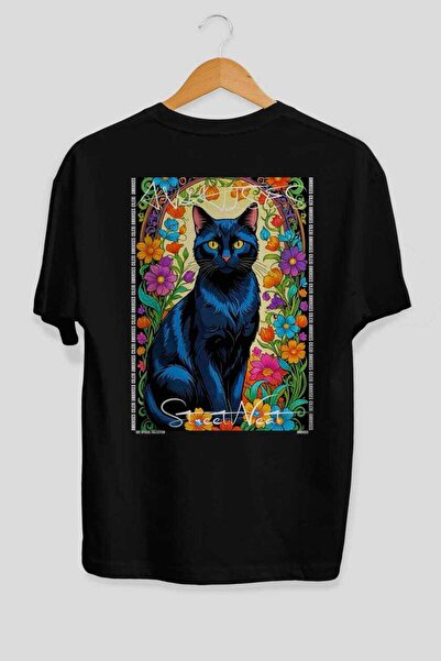 Ankhises For the Love of Cats 8 Cats Printed Black Oversize T-Shirt 100% Cott...
