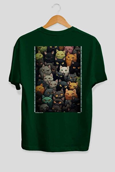 Ankhises For the Love of Cats 120 Cats Printed Green Oversize T-Shirt 100% Co...