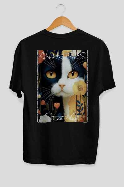Ankhises 33 Cats for the Sake of Cat Love Printed Black Oversize T-Shirt 100%...