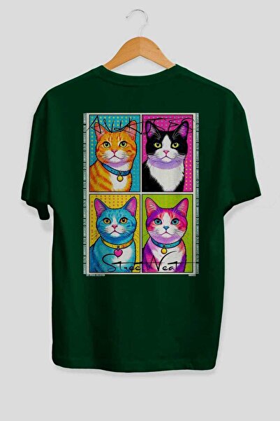Ankhises For the Love of Cats 119 Cat Printed Green Oversize T-Shirt 100% Cot...