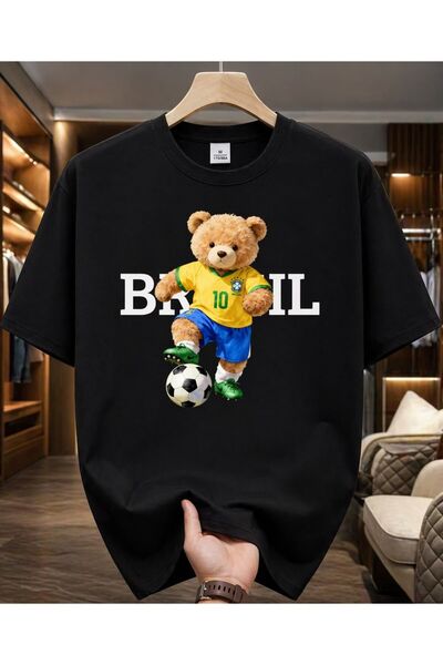 LELVANİ Brazil Themed Plush Bear Print Oversized Crewneck T-Shirt