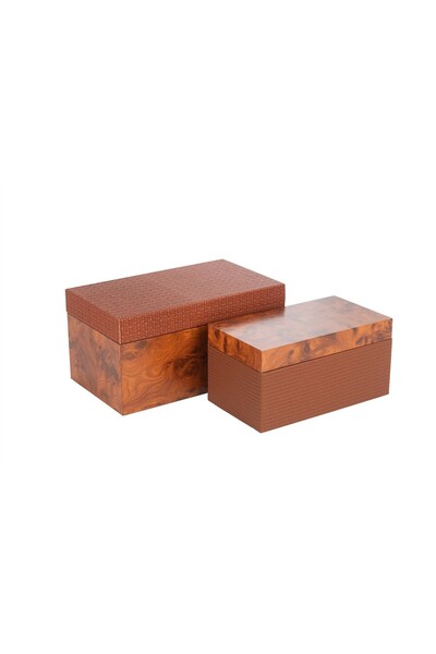 Mikasa Moor 2 li Ahşap Deri Kahve Dekoratif Kutu 28x16x14cm 23x13x12cm
