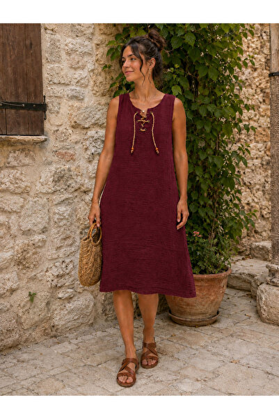 cesita Rochie largă, culoare burgundă, din țesătură muselină 100% bumbac, lun...