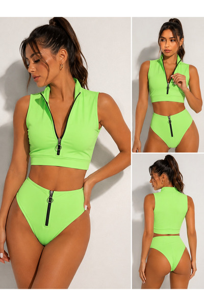 Nobrand Women's 2-Piece Neon Green Swimsuit with Zipper and High Collar