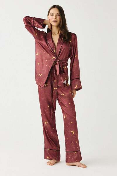 C&City Luna Touch Kimono Pants 2-Piece Satin Set Tile