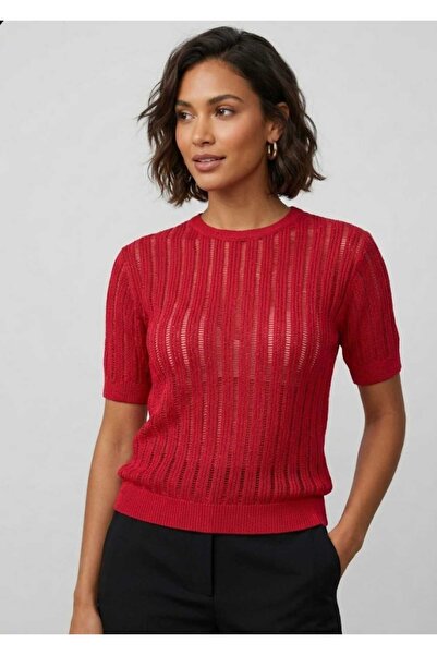 EGEMS Women's Short-Sleeved Summer Perforated Stylish Acrylic Ribbed Sweater