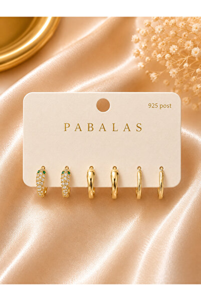 PABALAS Premium 6'lı Gold Renk Çelik Halka Küpe Seti Zirkon Taşlı Yılan Desen...