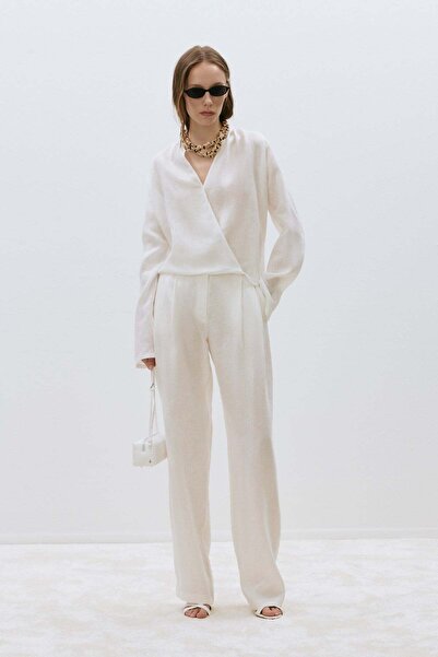 Suud Collection White 100% Linen Viana Double-Breasted Blouse