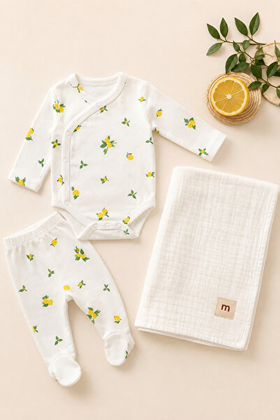 pufien Newborn Double-Breasted Jumpsuit and Bottom Set, 3-Piece Set with Blan...