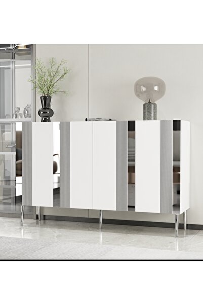 morepp Forest 120 cm Konsol Tv Sehpası Çok Amaçlı Dolap Beyaz-Gümüş