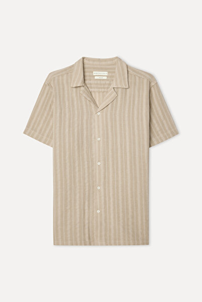 Mudo Men's Mink Color Striped Resort Collar Short Sleeve Shirt