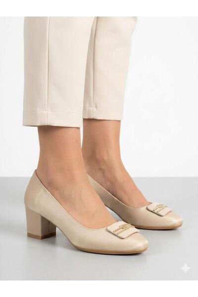 Lütfi Women's Gold Thick Heel Comfortable Fit Heeled Shoes