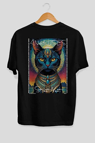 Ankhises For the Love of Cats 66 Cats Printed Black Oversize T-Shirt 100% Cot...