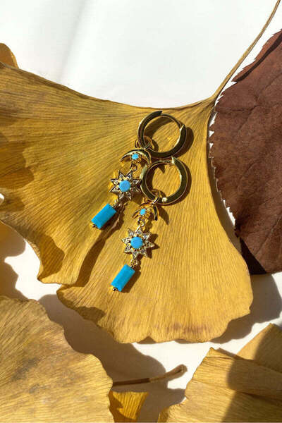 Spossy Silver Jewelry 925 Ayar Gümüş, Gold, Mavi Taşlı Kutup Yıldızı Sallantı...