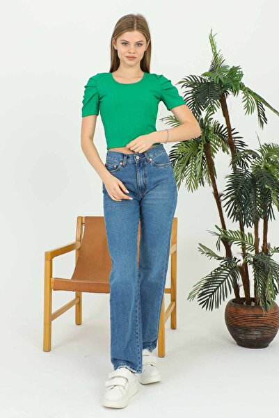 KADIN DÜZ BİSİKLET YAKA CROP YEŞİL T-SHİRT