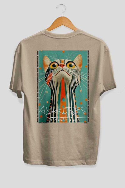 Ankhises 99 Cats for Cat Lovers Printed Beige Oversize T-Shirt 100% Cotton Un...