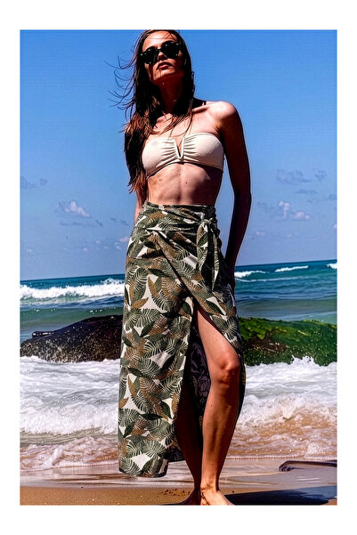 Exve Exclusive Verde maro cu model de frunze hawaiene, șal pareo de mare, fus...
