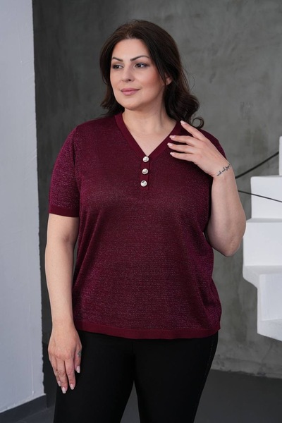 D LAVELLA Kadın Büyük Beden Önü Düğmeli V Yaka Simli Merserize Triko Bluz Rel...