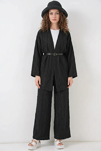 buğrahayalin Women's V-Neck Standard Belted Black Two-Piece Suit