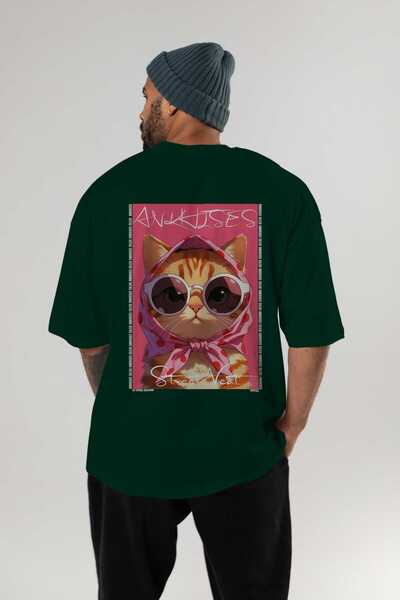 Ankhises For the Love of Cats 3 Cats Printed Green Oversize T-Shirt 100% Cott...