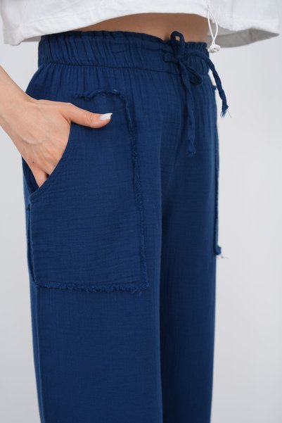 THE VOLER Muslin Palazzo Trousers Women's Summer Loose Wide Leg Casual Comfortable Elastic Waist Pocketed Daily Stylish Trousers