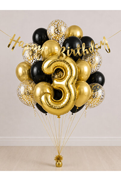 Balonsan -3- Age Gold Happy Birthday Banner Themed Balloon Bundle 15 Pieces