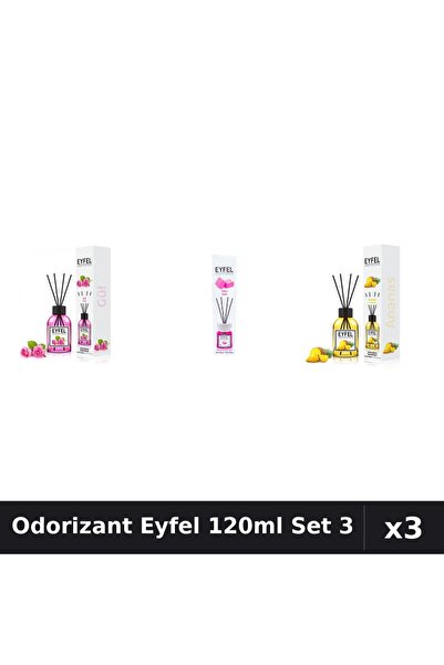 Eyfel Set 3 Odorizant Camera Betisoare 120ml - Trandafir, Bubble Gum, Ananas