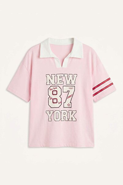 DeFacto V-Neck Printed Short-Sleeved Light Pink T-Shirt for Girls H7251A826Hs