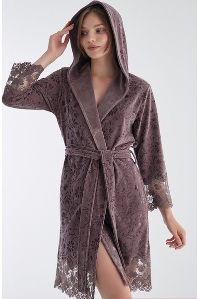 Nuşa Premium Women's Short Hooded Jacquard Lace Niki Velvet Bamboo Cotton Dressing Gown