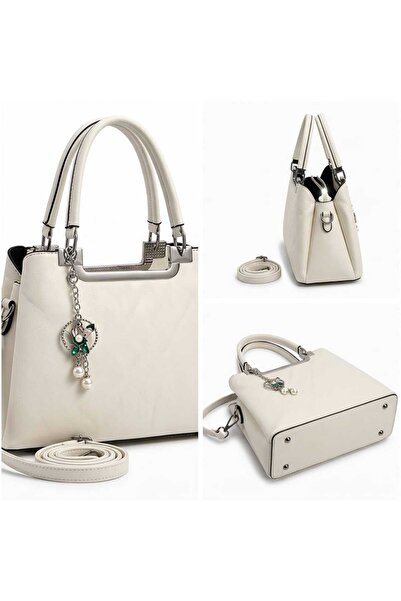 Gernic White PU Leather Tote Handbag for Women - Detachable Strap + Charm Pen...