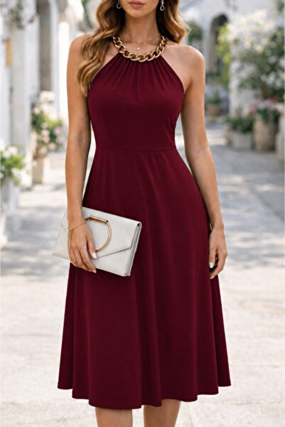Kokosh moda Women's Halter Neck Chain Detailed Off-The-Shoulder Viscose Dress