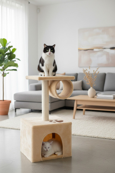 FOXMAG24 Cat play set with rest and play areas, two levels, cream