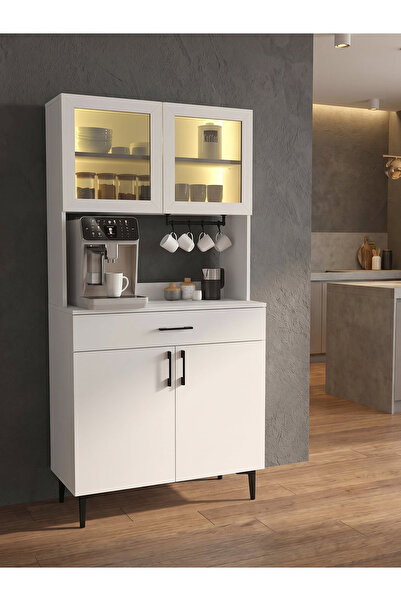 dorpek Prien Kapaklı & Çekmeceli Kahve Köşesi, LED’li Mutfak Dolabı & Çok Amaçlı Dolap Beyaz 90 cm