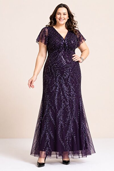 EVEN plus size Melek Kol Mürdüm Pul Payet Detaylı Büyük Beden Abiye Elbise