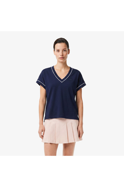 Lacoste Kadın Loose Fit V Yaka Lacivert T-Shirt