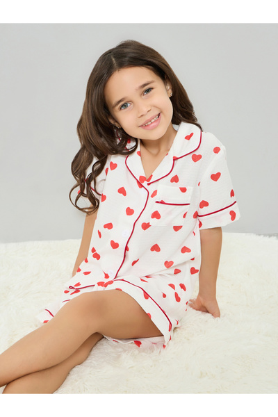 Take Two By Styli Girls Heart Piping Shirt and Shorts Set