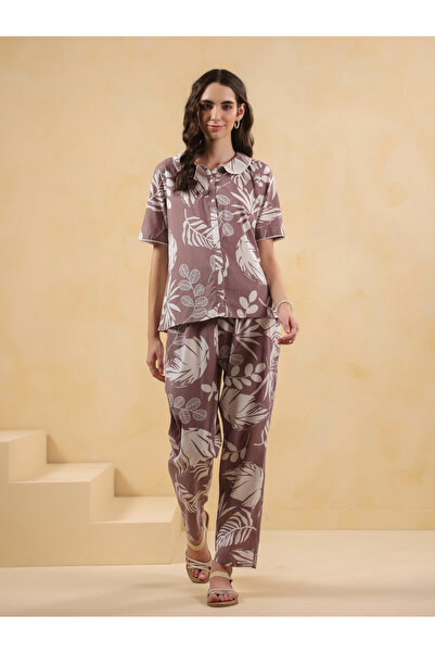 Sanskrutihomes By Styli Purple Floral Cotton Shirt and Pyjama Set