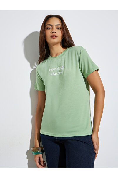 Styli Green Slogan Print Short Sleeve T-Shirt