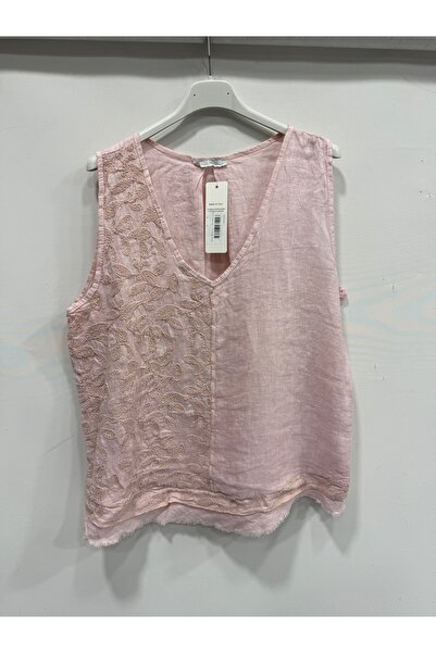 della moor Italian Pink Floral Embroidered Zero Sleeve Linen Blouse 40 - 44 Size