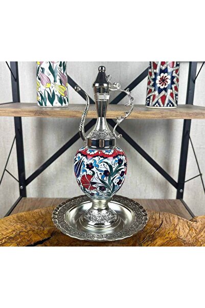 Çini Evi Iznik Tulip and Clove Flowers – Silver Plated Tile Pitcher Set