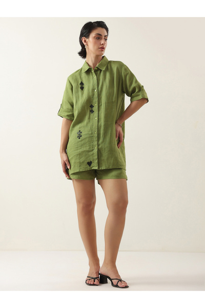 Sanskrutihomes By Styli Green Longline Cotton Shirt and Shorts Co-ords Set