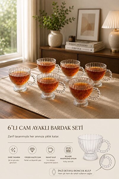ENYAZA(2024) 6’lı Cam Ayaklı Boncuk Kulplu Cam Kupa Bardak Seti 180 CC Şeffaf...