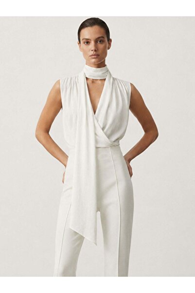 RİVUS Lyocell Fabric Modular Shawl Detailed Sleeveless Blouse - White