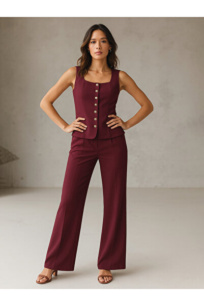 Sassafras By Styli Burgundy Square Neck Waistcoat and Pants Co-Ords Set