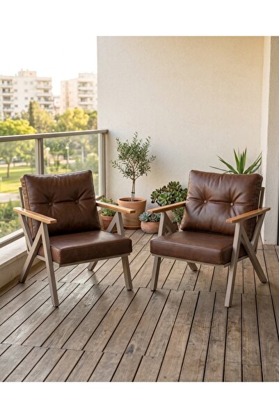 Azra Aksesuar Acı Kahve Venedik Model 2 Adet Balkon Berjer Takımı Cappucino M...
