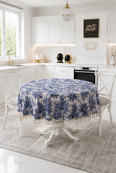 Luxoras Home Yuvarlak Duck Kumaş Fransız Köylü Desenli Püsküllü Masa Örtüsü C...